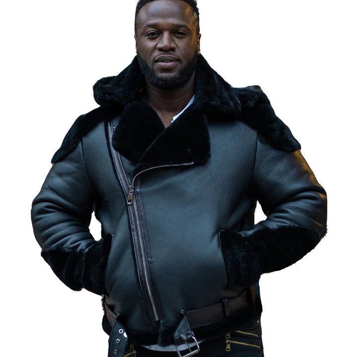 Black Shearling Moto Jacket with Fur Accents – Rugged & Stylish