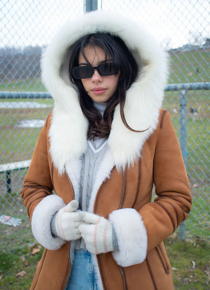 Luxury Tan Shearling Coat with Fox Fur Trim Hoodie – Elegant Winter Outerwear for Women