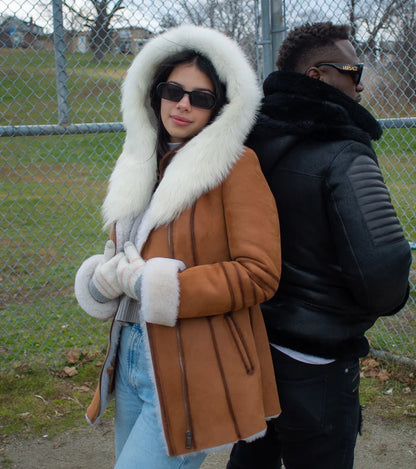 Luxury Tan Shearling Coat with Fox Fur Trim Hoodie – Elegant Winter Outerwear for Women