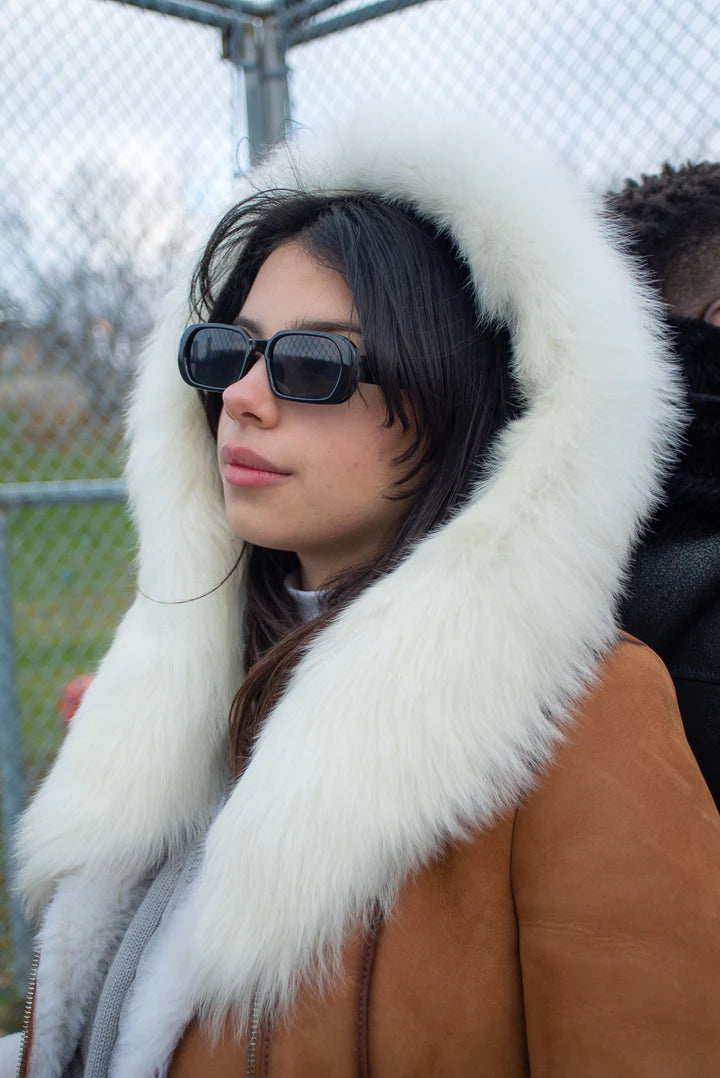 Luxury Tan Shearling Coat with Fox Fur Trim Hoodie – Elegant Winter Outerwear for Women