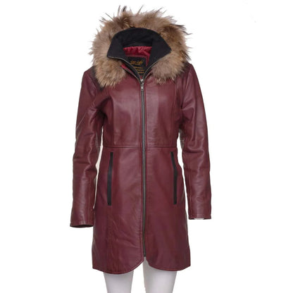 Women’s Double-Breasted Burgundy Leather Coat with Fox Fur Trimmed Hood