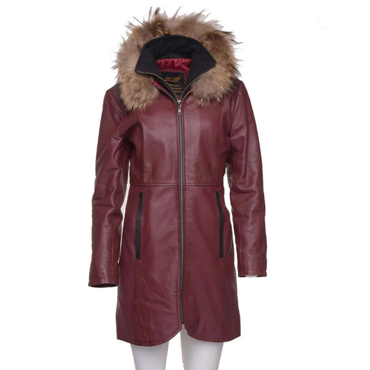 Women’s Double-Breasted Burgundy Leather Coat with Fox Fur Trimmed Hood