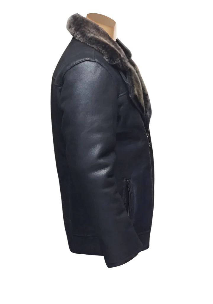 Shearling-Lined Black Car Coat – Timeless Sheepskin Leather Style