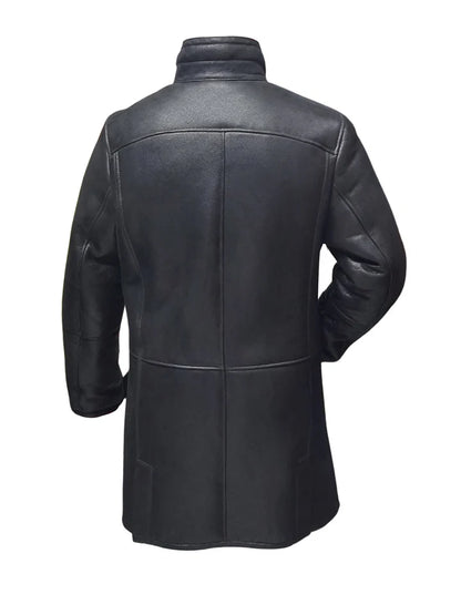 Men’s Black Shearling Long Coat – Classic Winter Leather Overcoat