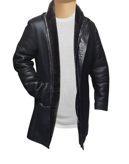 Men’s Black Shearling Long Coat – Classic Winter Leather Overcoat