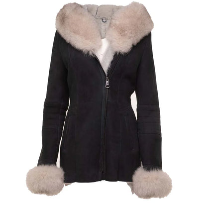 Women’s Shearling Coat with Fox Fur Collar & Cuffs – Warm & Stylish