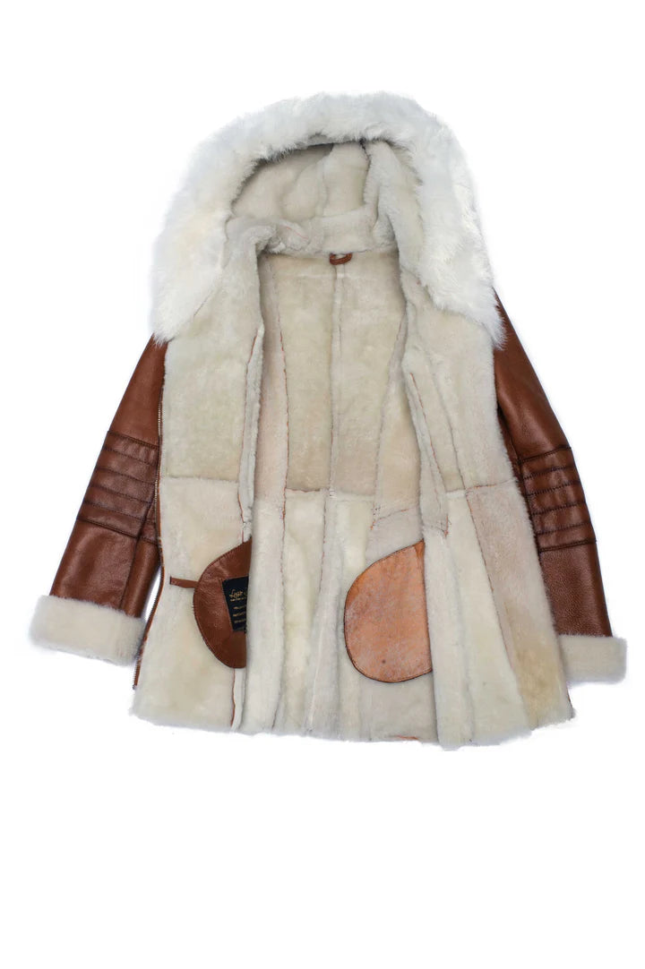 Luxury Tan Shearling Coat with Fox Fur Trim Hoodie – Elegant Winter Outerwear for Women