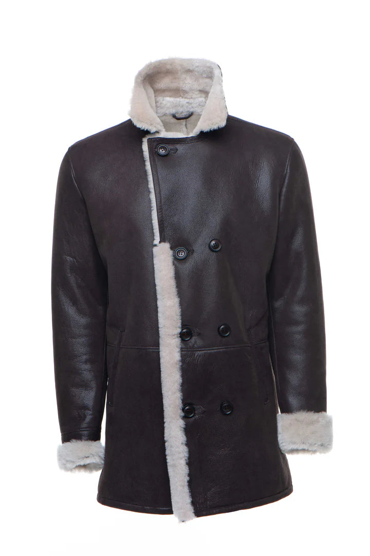 Men’s Shearling Buttoned Coat – Classic Winter Leather Outerwear