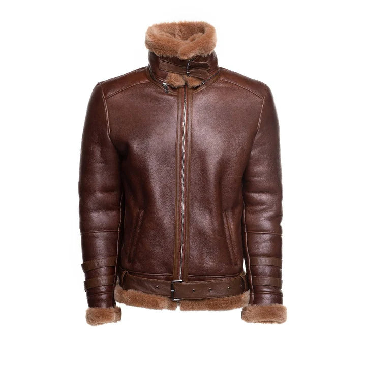 Brown Aviator Bomber Shearling Jacket with Waist Belt – Vintage Pilot Style