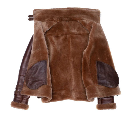 Brown Aviator Bomber Shearling Jacket with Waist Belt – Vintage Pilot Style