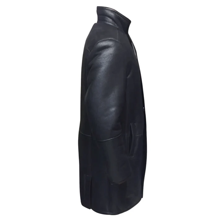 Men’s Black Shearling Long Coat – Classic Winter Leather Overcoat
