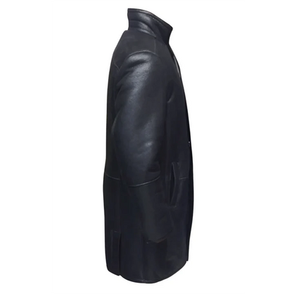 Men’s Black Shearling Long Coat – Classic Winter Leather Overcoat