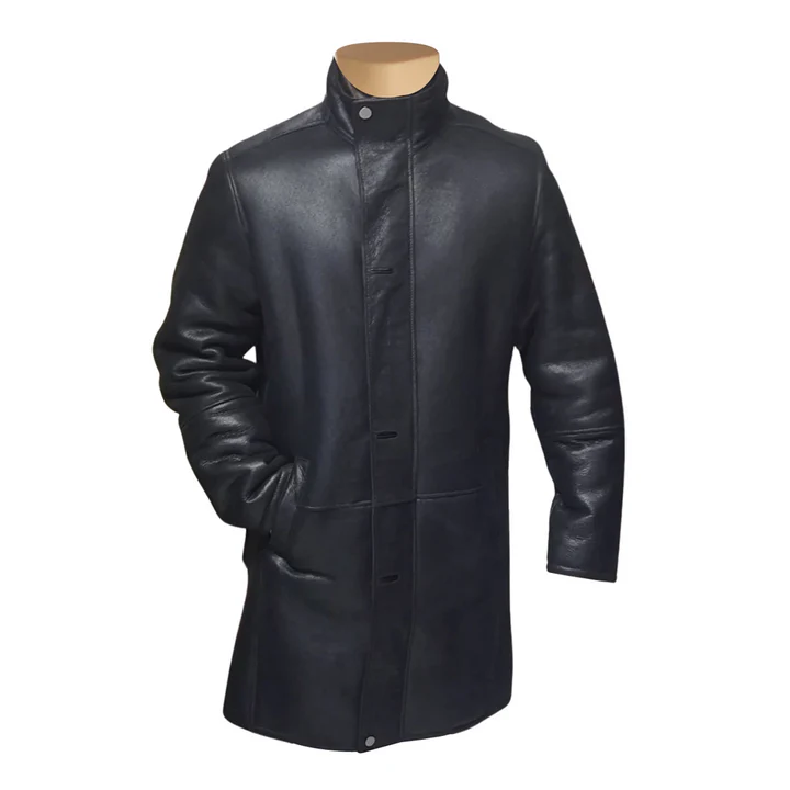 Men’s Black Shearling Long Coat – Classic Winter Leather Overcoat