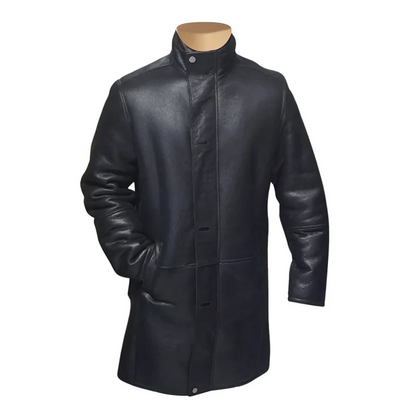 Men’s Black Shearling Long Coat – Classic Winter Leather Overcoat