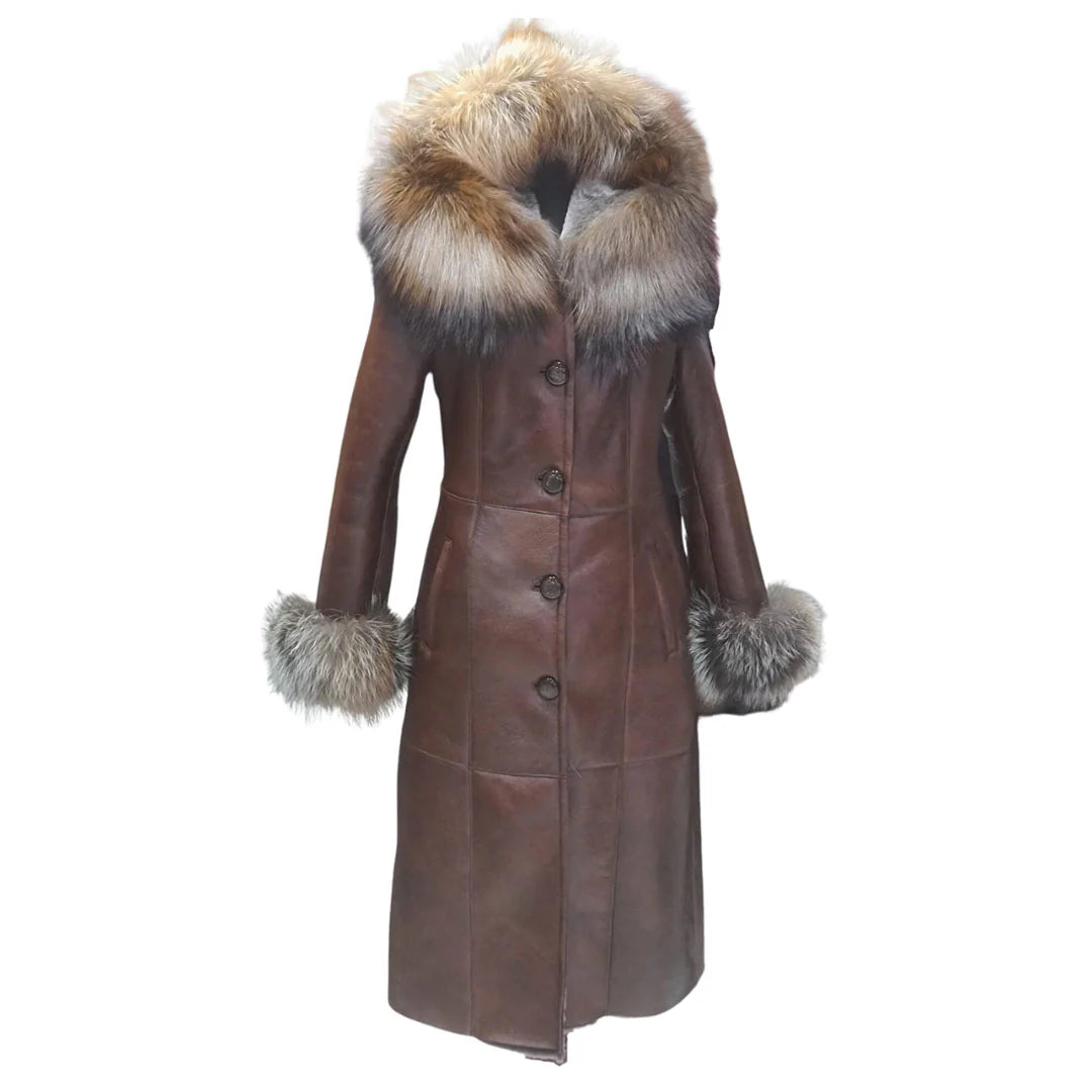 Brown Hooded Shearling Coat with Real Fox Fur Trim – Luxurious Winter Wear