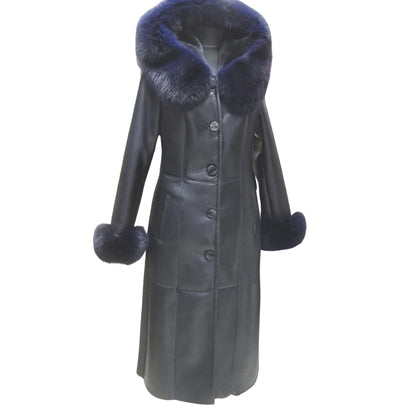 Navy Blue Shearling Coat with Real Fox Fur Trim – Elegant Winter Luxury
