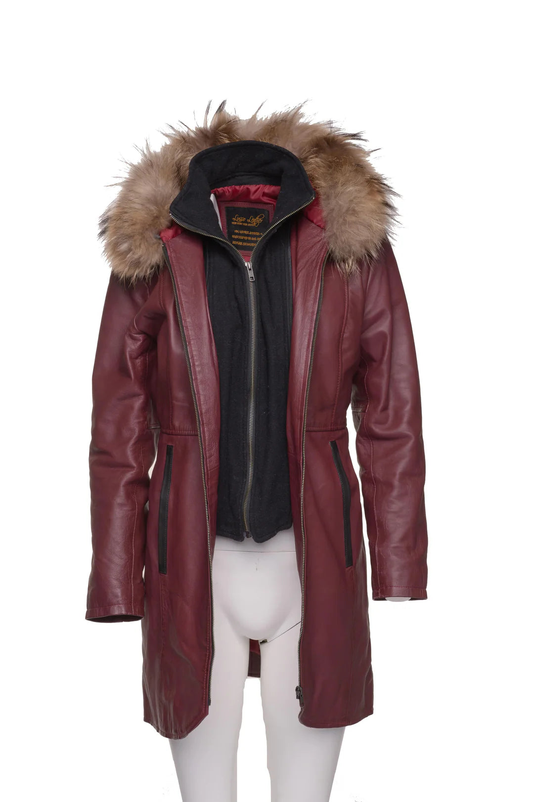 Women’s Double-Breasted Burgundy Leather Coat with Fox Fur Trimmed Hood