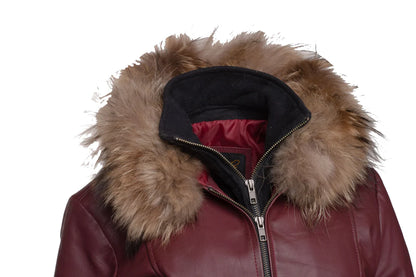 Women’s Double-Breasted Burgundy Leather Coat with Fox Fur Trimmed Hood