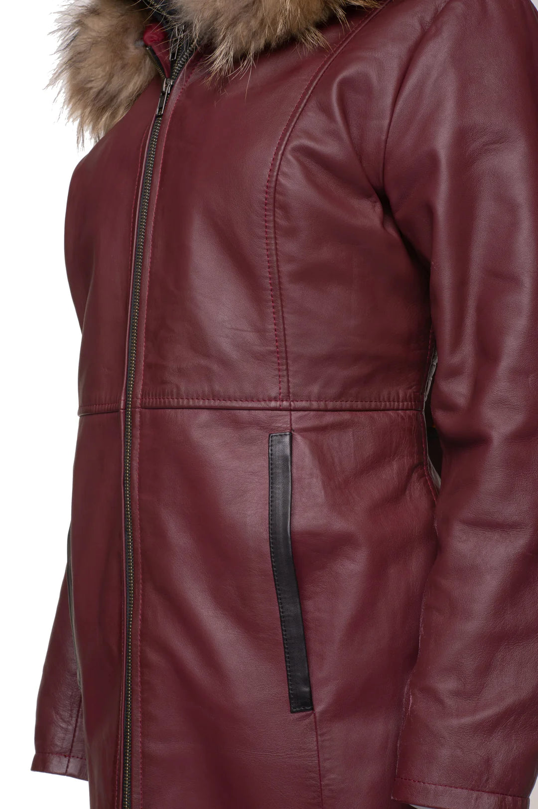 Women’s Double-Breasted Burgundy Leather Coat with Fox Fur Trimmed Hood