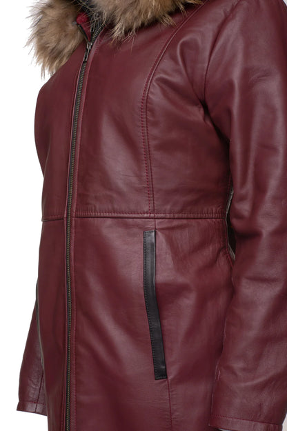 Women’s Double-Breasted Burgundy Leather Coat with Fox Fur Trimmed Hood
