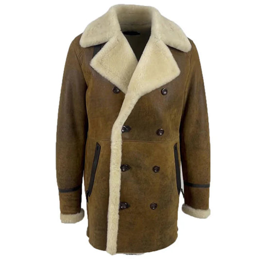 Men's Distressed Shearling Trench Coat – Vintage Long Leather Winter Jacket with Fur Lining