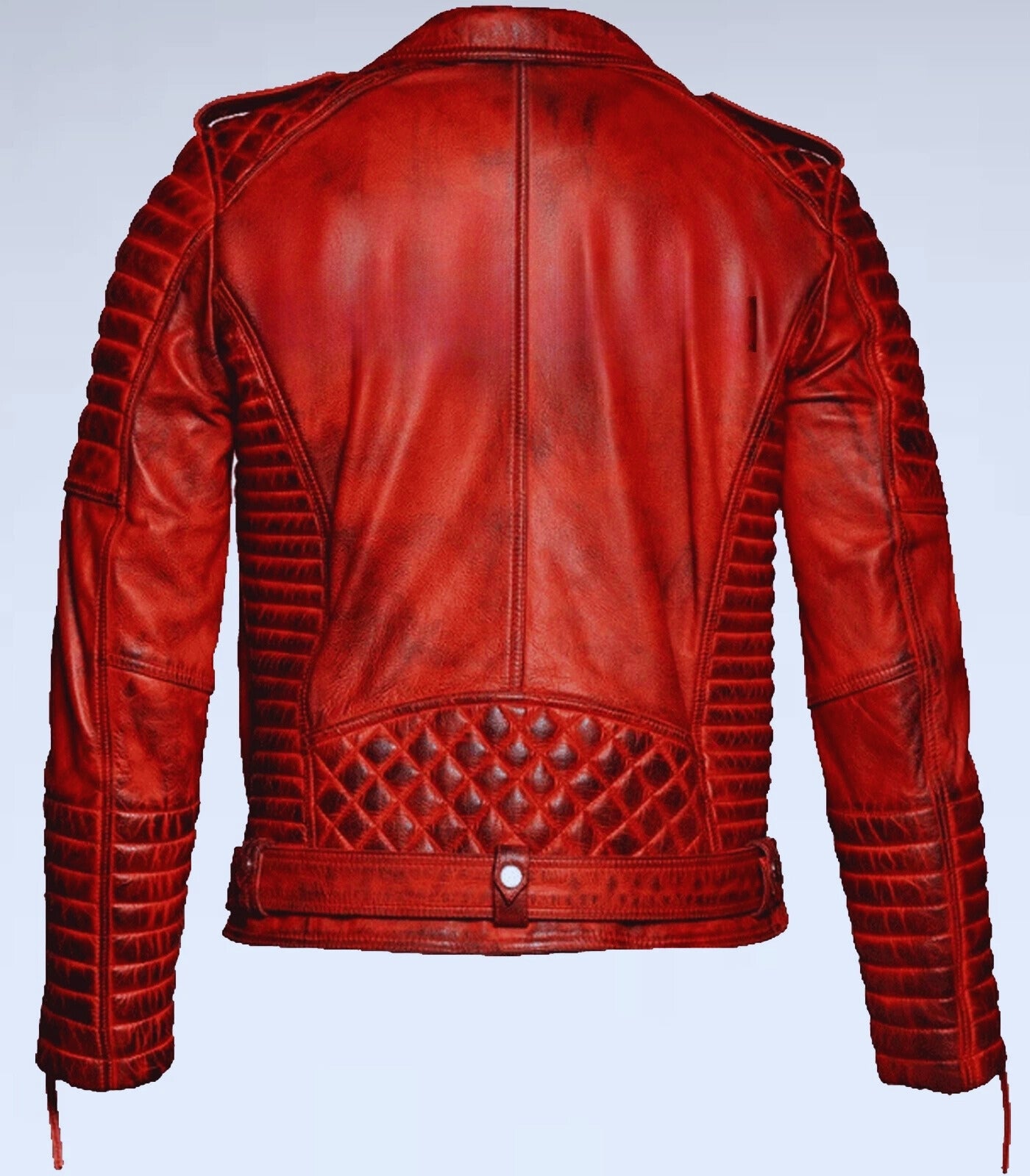 Men's Distressed Red Leather Biker Jacket - Quilted Motorcycle Rider Jacket