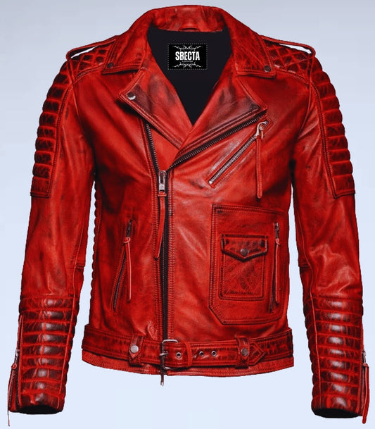 Men's Distressed Red Leather Biker Jacket - Quilted Motorcycle Rider Jacket