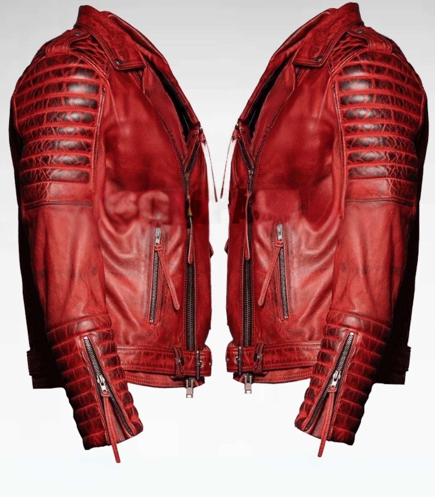 Men's Distressed Red Leather Biker Jacket - Quilted Motorcycle Rider Jacket
