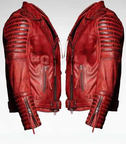 Men's Distressed Red Leather Biker Jacket - Quilted Motorcycle Rider Jacket