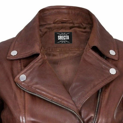 Women’s Brown Leather Biker Jacket Classic Style Real Soft Leather Outerwear
