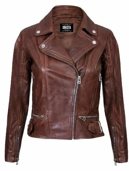 Women’s Brown Leather Biker Jacket Classic Style Real Soft Leather Outerwear