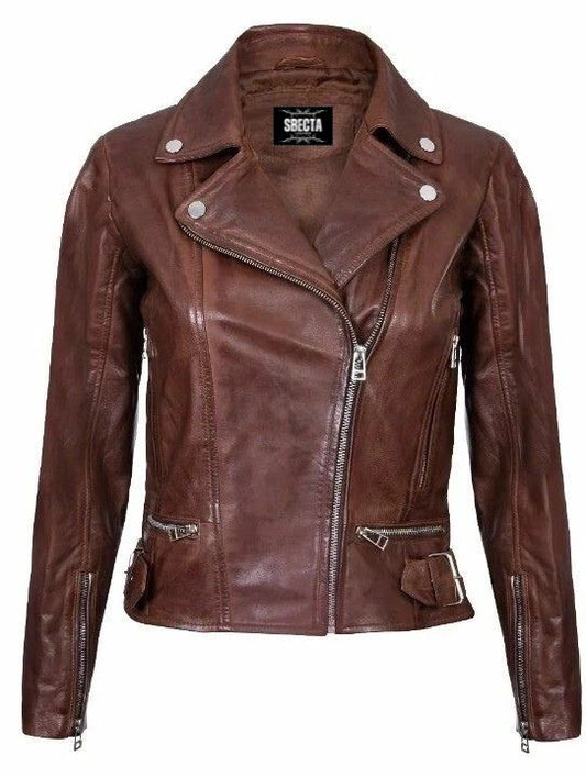 Women’s Brown Leather Biker Jacket Classic Style Real Soft Leather Outerwear