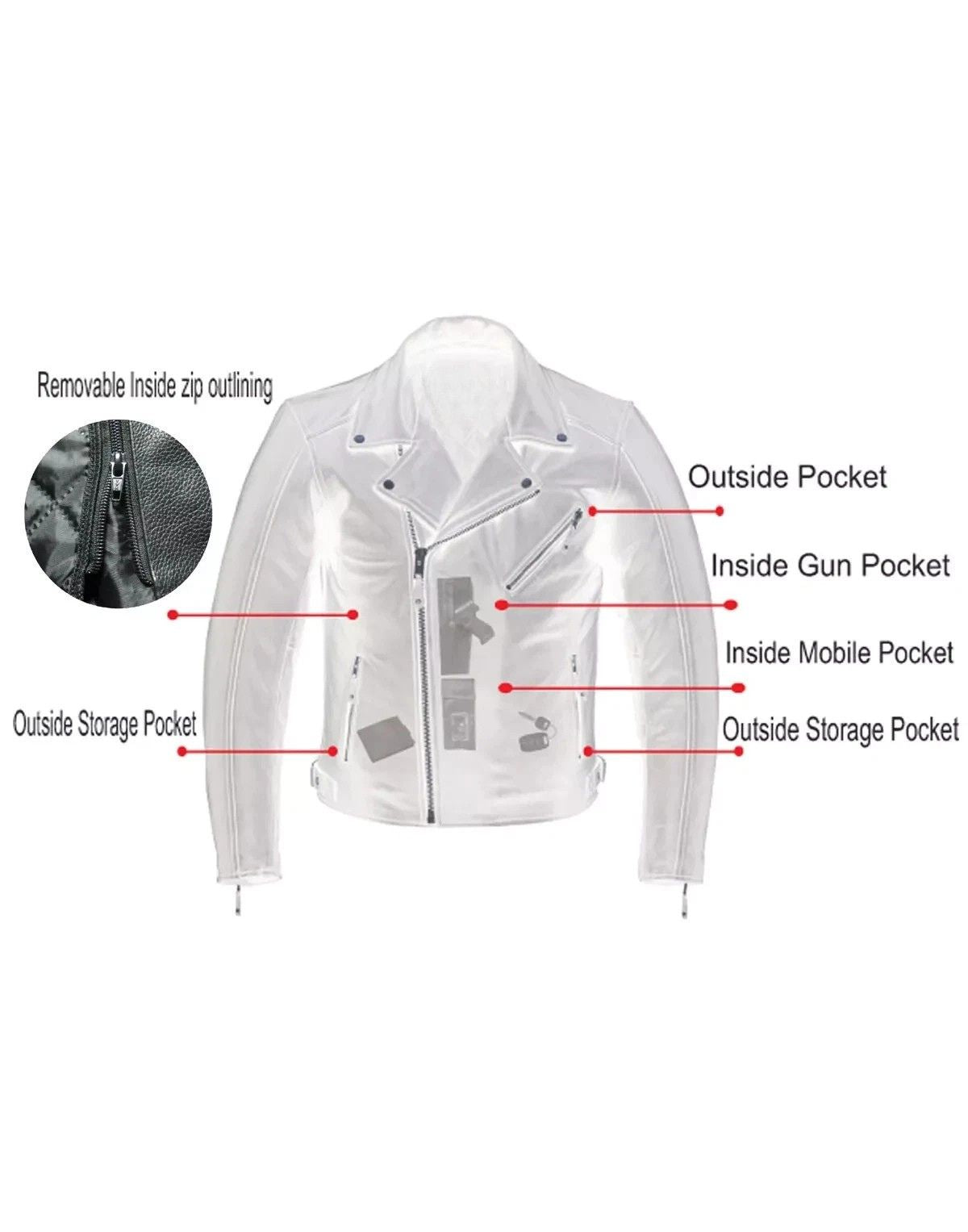 Men’s Cowhide Leather Biker Jacket Zip-Out Liner Gun Pocket Motorcycle Style