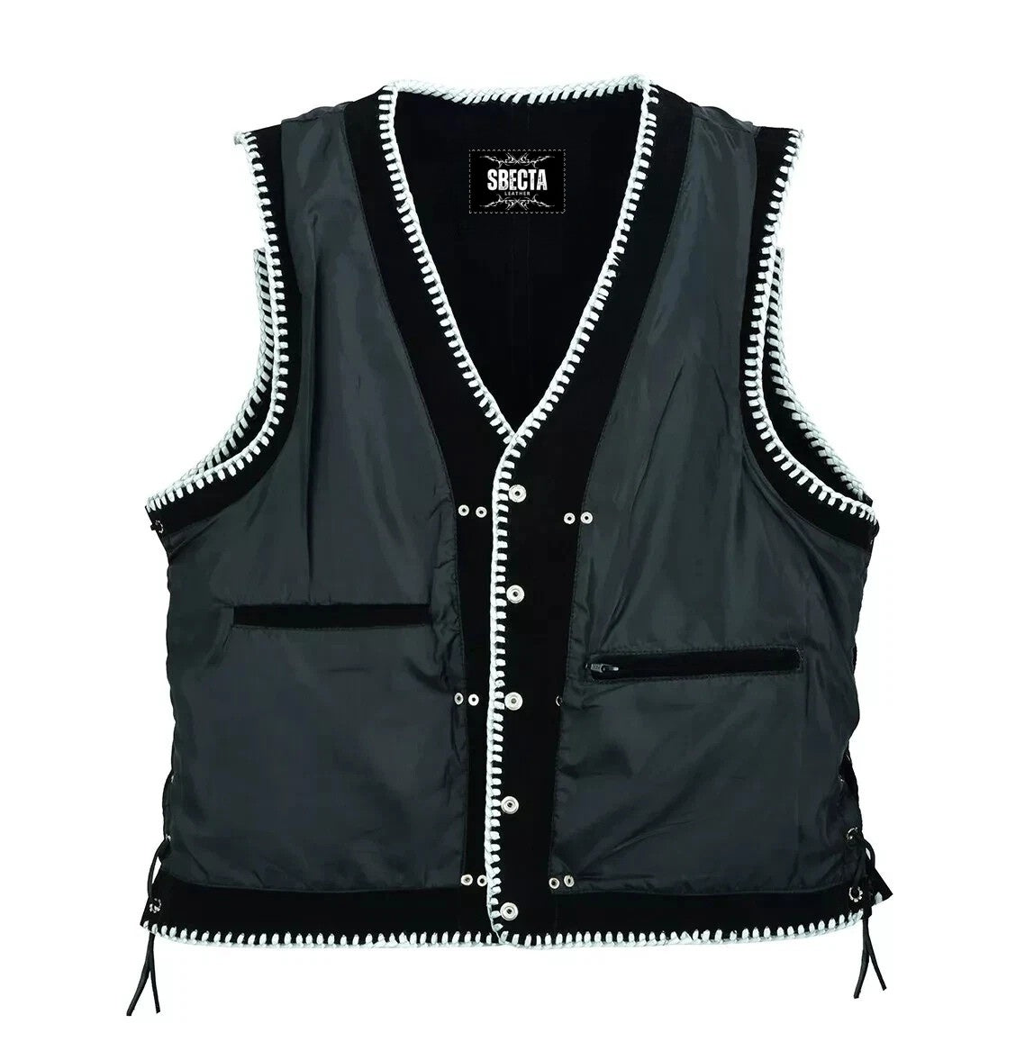 Men's Real Suede Leather Biker Style Vest Braided Black Motorcycle Waistcoat