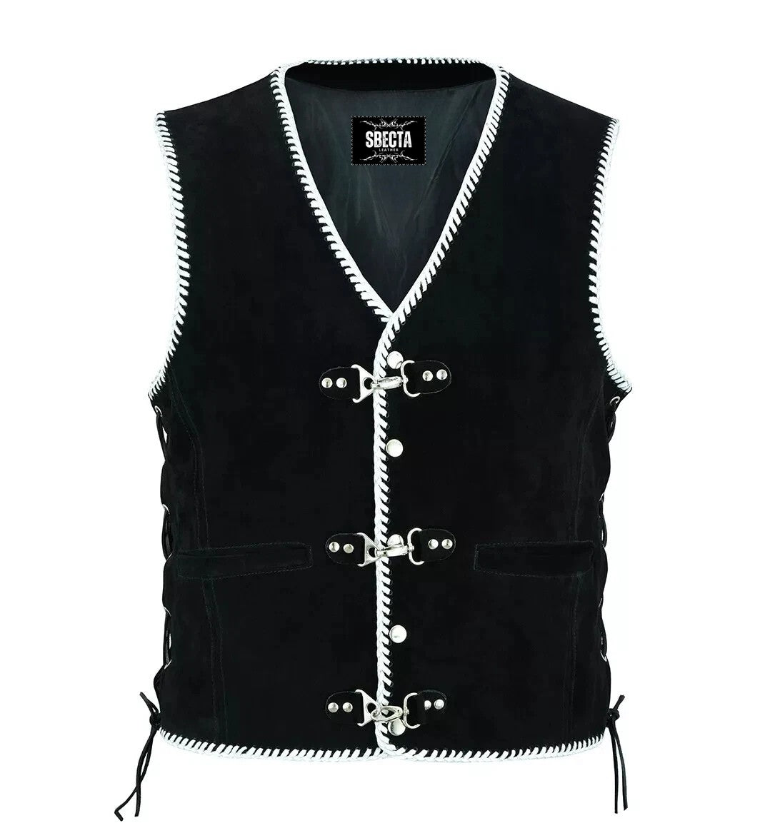 Men's Real Suede Leather Biker Style Vest Braided Black Motorcycle Waistcoat