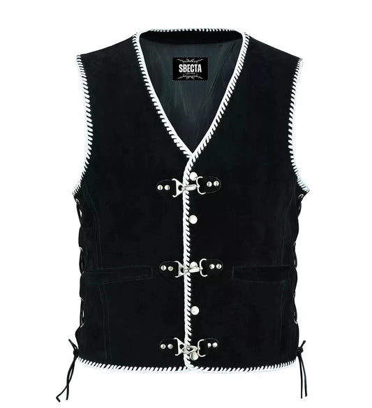 Men's Real Suede Leather Biker Style Vest Braided Black Motorcycle Waistcoat