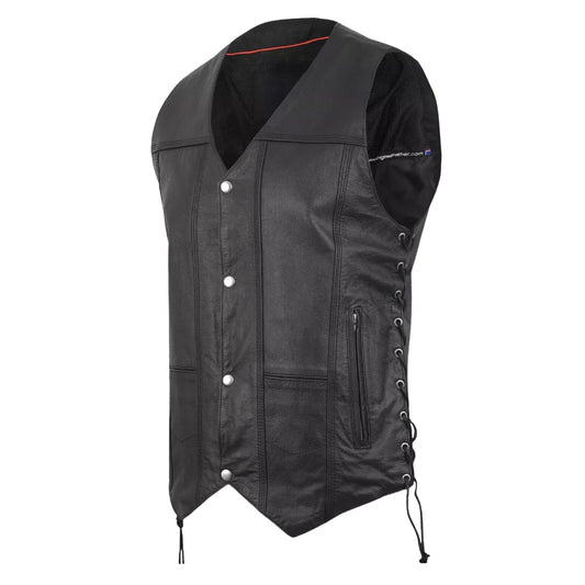 Men's Black Genuine Leather Motorcycle Vest – Multi-Pocket Biker Style Riding Gear