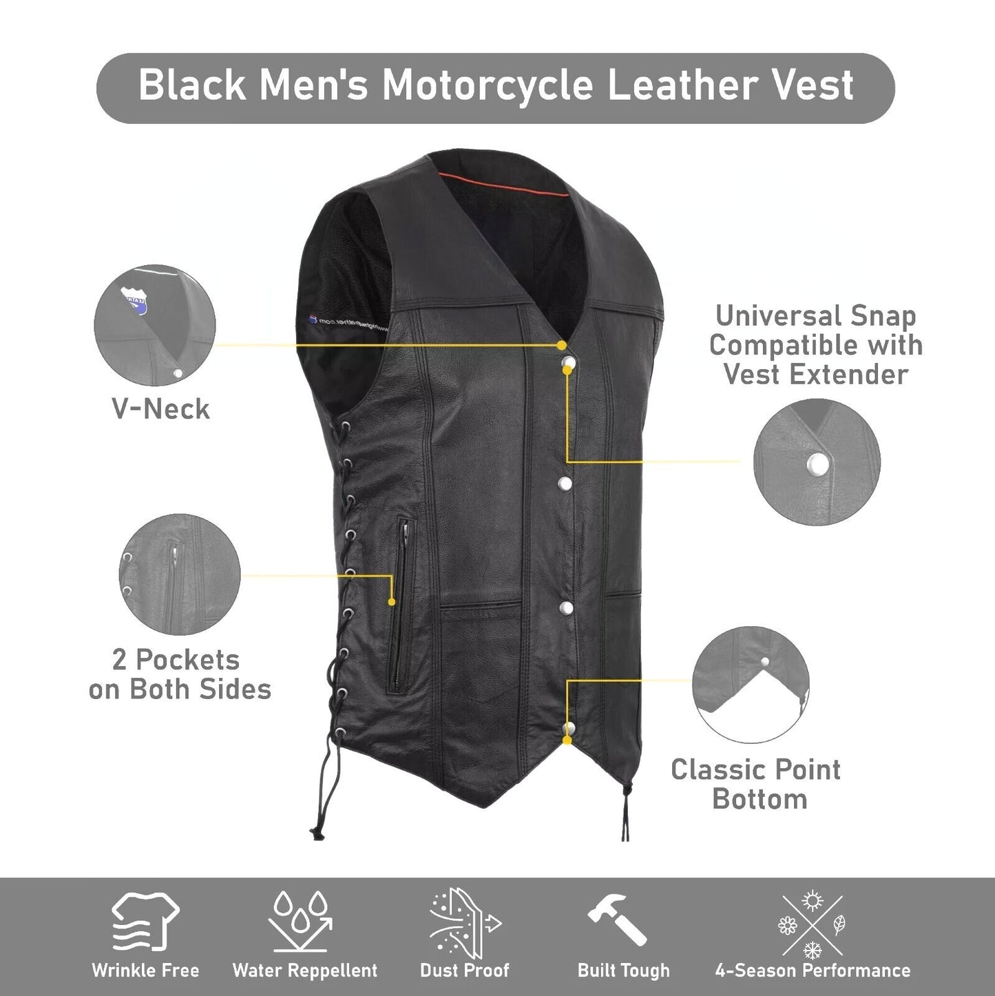 Men's Black Genuine Leather Motorcycle Vest – Multi-Pocket Biker Style Riding Gear