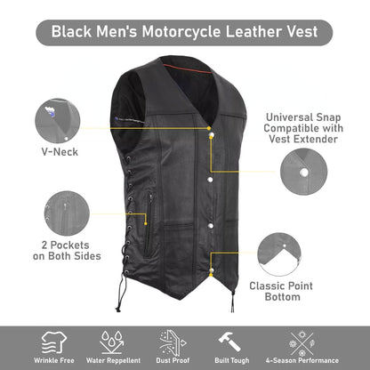 Men's Black Genuine Leather Motorcycle Vest – Multi-Pocket Biker Style Riding Gear