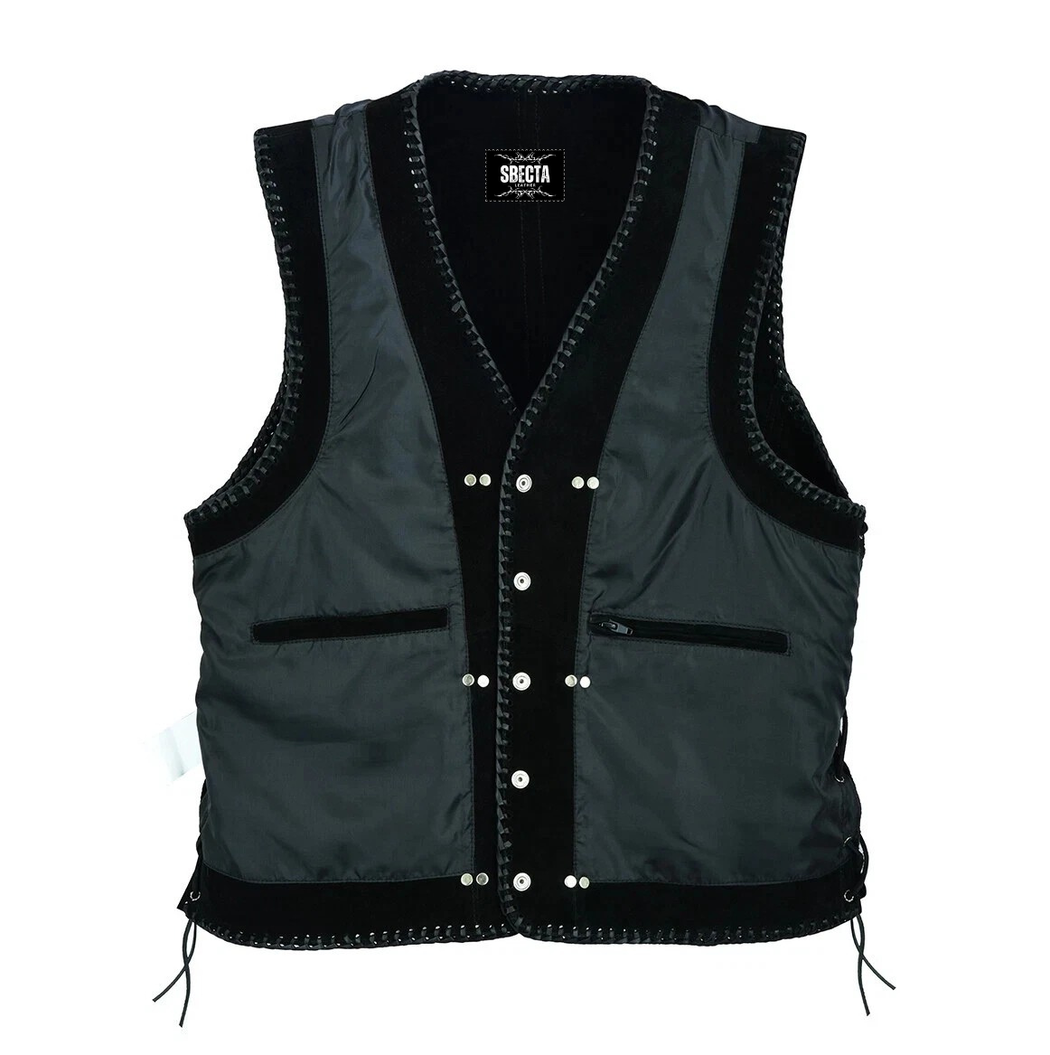 Men's Real Suede Leather Biker Style Vest Braided Black Motorcycle Waistcoat