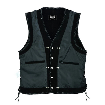 Men's Real Suede Leather Biker Style Vest Braided Black Motorcycle Waistcoat