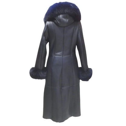 Navy Blue Shearling Coat with Real Fox Fur Trim – Elegant Winter Luxury