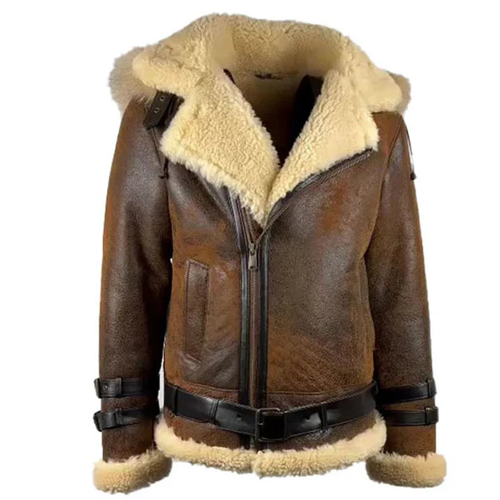 Vintage Brown Shearling Aviator Jacket with Hoodie – Rocco Distressed Bomber Style