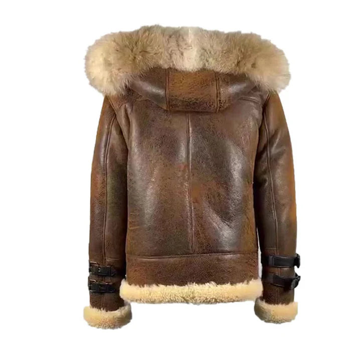 Vintage Brown Shearling Aviator Jacket with Hoodie – Rocco Distressed Bomber Style