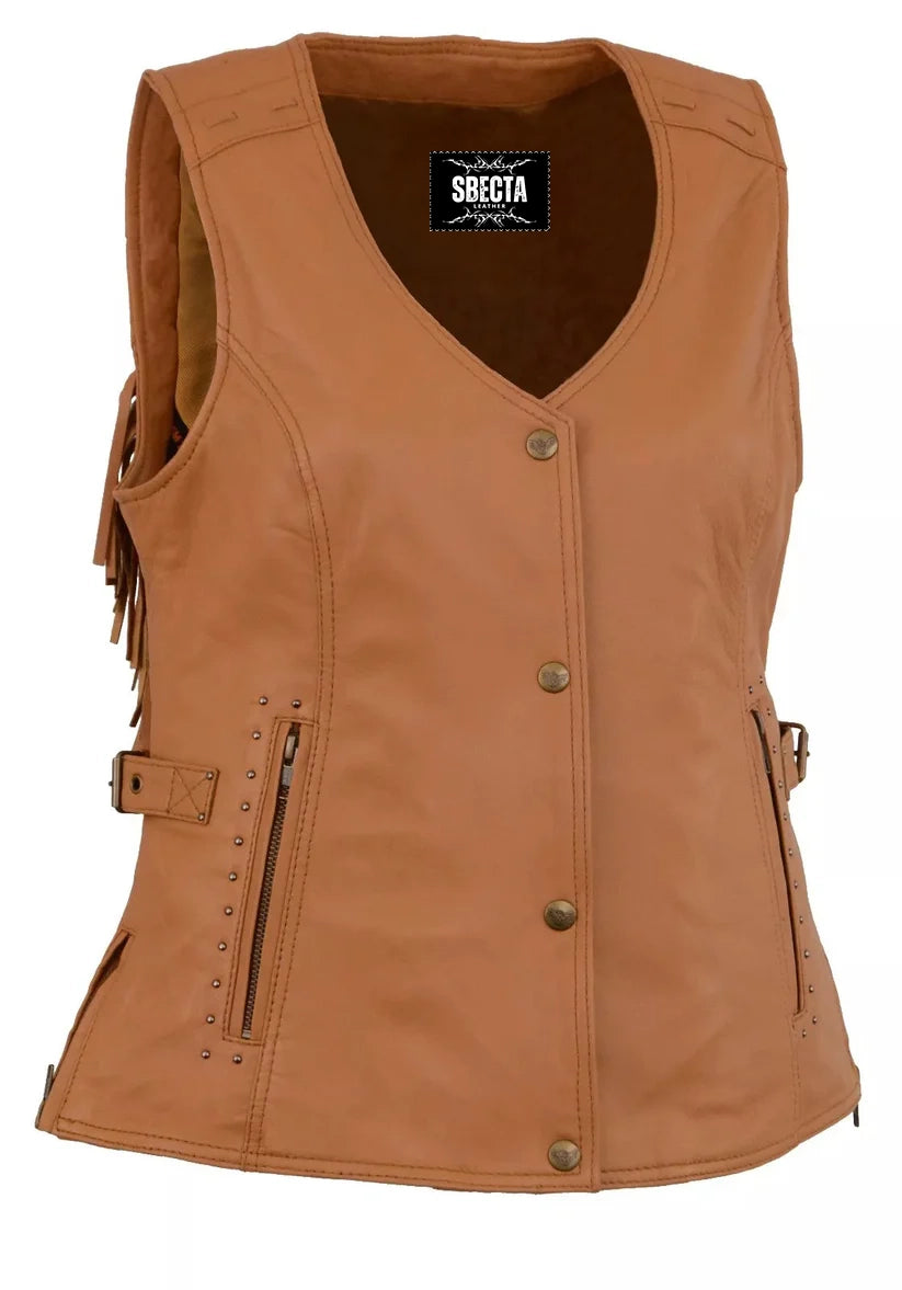 Women's Tan Leather Biker Vest – Soft Cowhide, Snap Front, Fringe Back Style