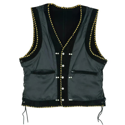 Men's Real Suede Leather Vest Yellow Black Braided Motorcycle Biker Style