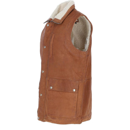 Men’s Tan Snuff sheep Leather Waistcoat Concealed zip with Press Stud Closure.