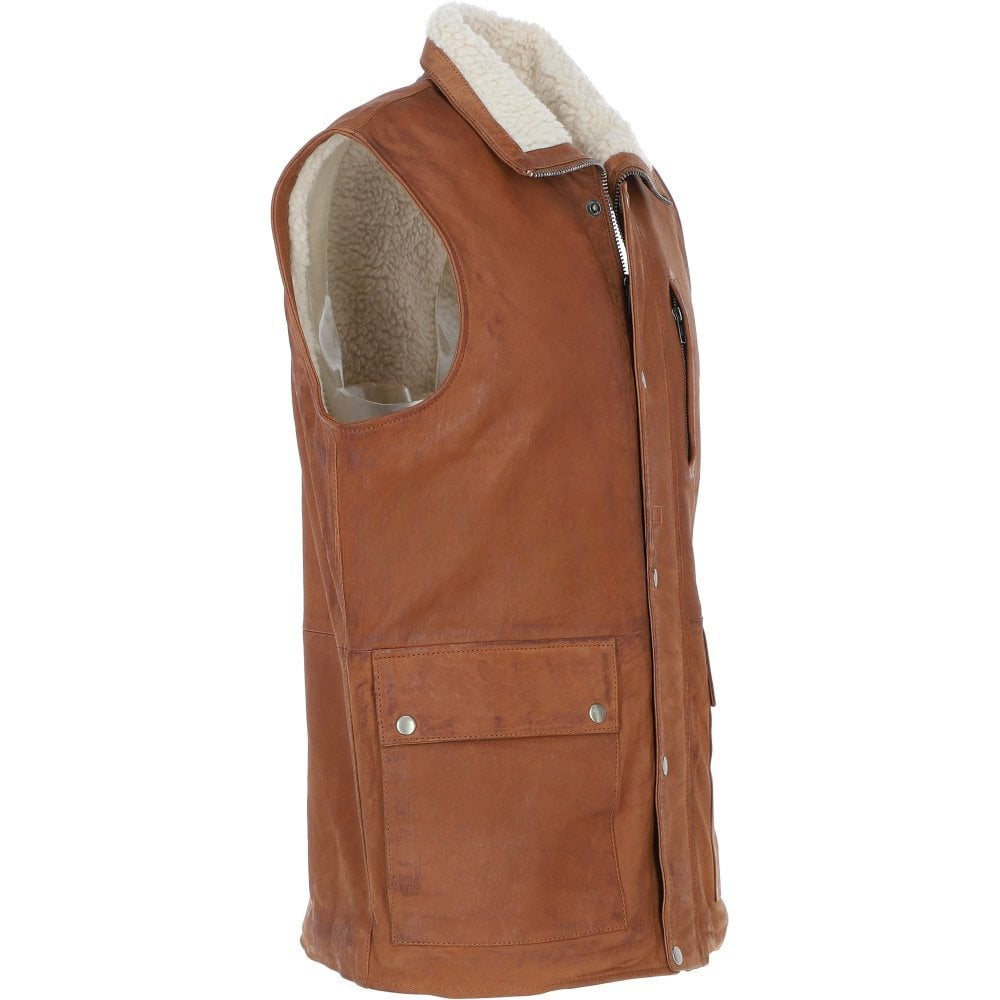 Men’s Tan Snuff sheep Leather Waistcoat Concealed zip with Press Stud Closure.