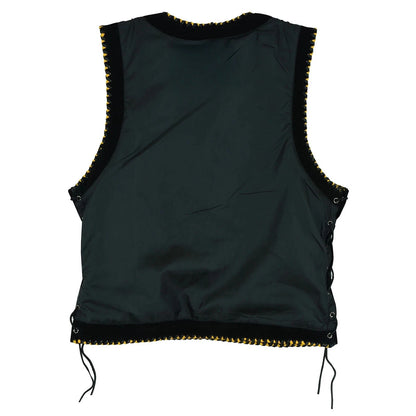 Men's Real Suede Leather Vest Yellow Black Braided Motorcycle Biker Style