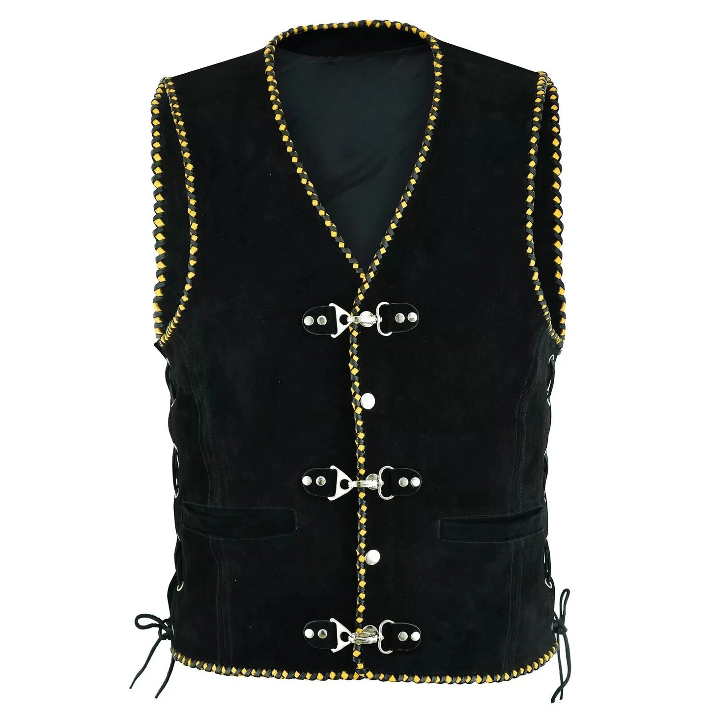 Men's Real Suede Leather Vest Yellow Black Braided Motorcycle Biker Style